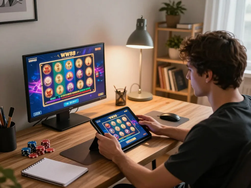 Digitalwala user engaging with online casino games on tablet in cozy home setting
