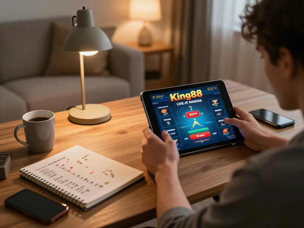 Enjoying online gameplay on king88 com from a cozy living room with a tablet and strategic notes.