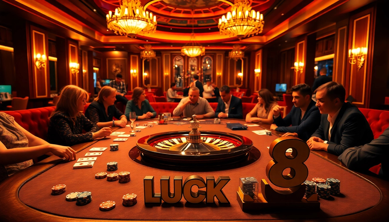 Experience thrilling gameplay with LUCK 8 at an upscale casino table adorned with vibrant poker chips.