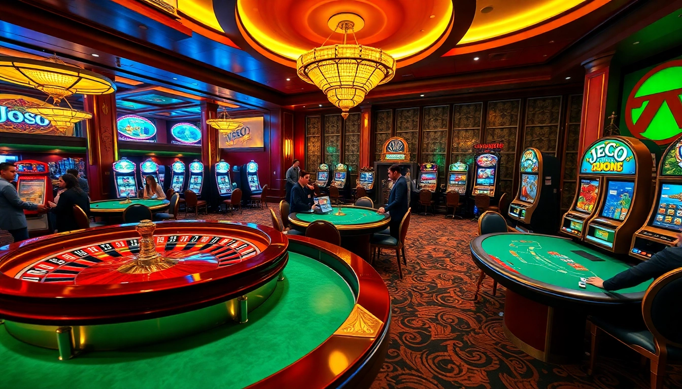 Players enjoying their time at JBO's luxurious casino with vibrant gaming tables and slot machines.