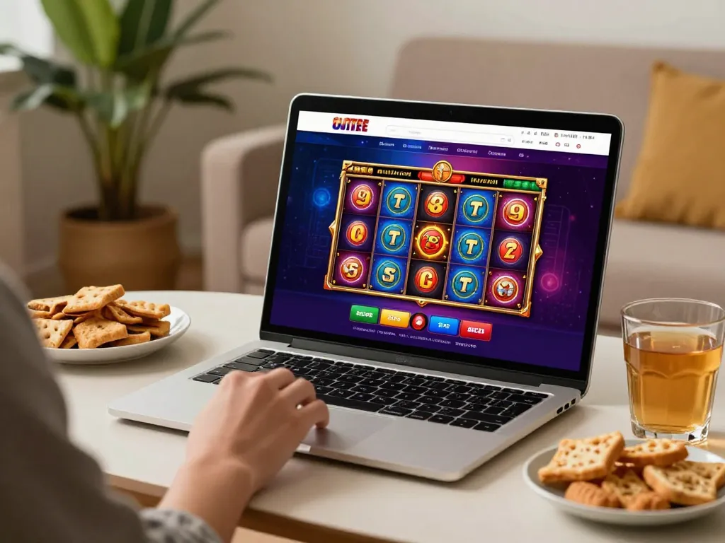 Playing slot games on luck8 com from a cozy home setting, showcasing engaging online casino interface.