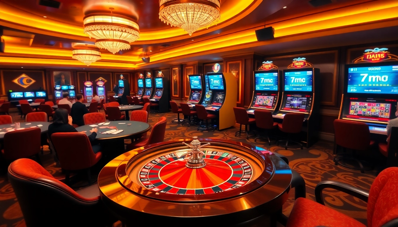Exciting online gambling atmosphere with 7mcn features, showcasing players at casino tables.
