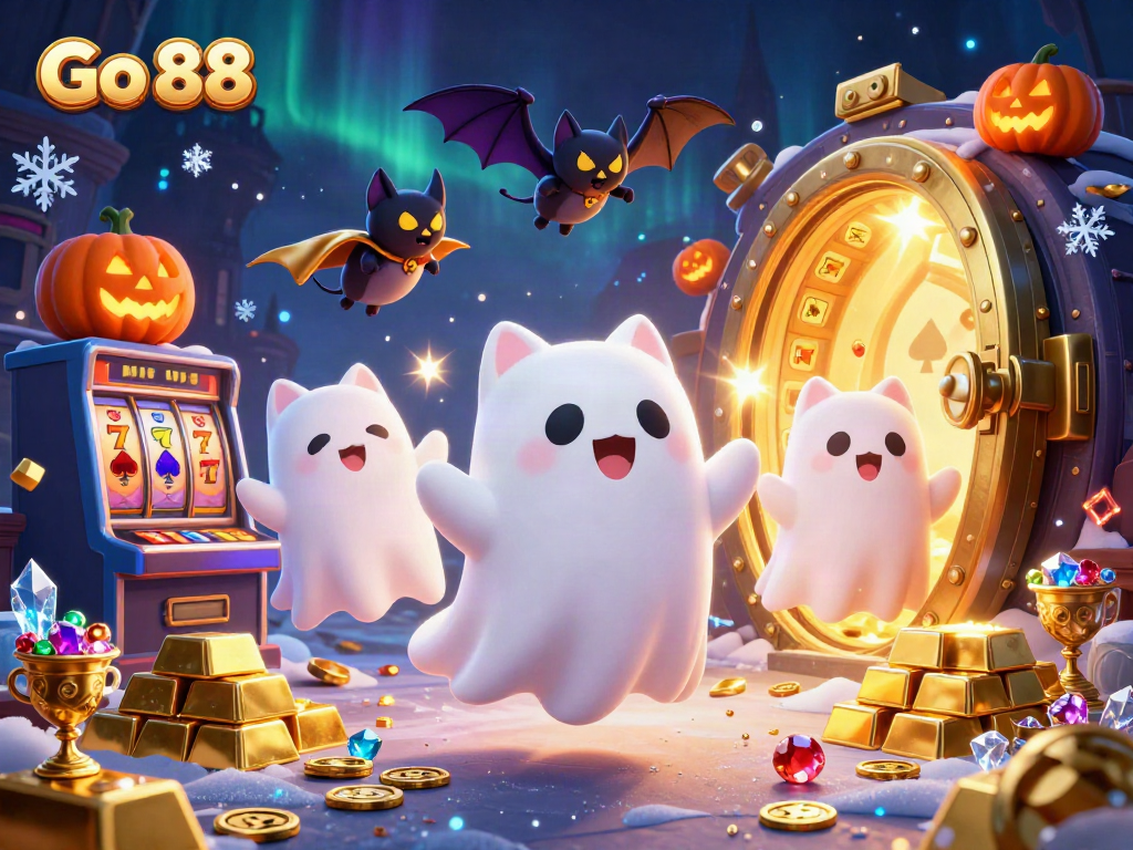 Play exciting casino games at Go 88 with a ghost cat, vampire bat, and glowing jack-o-lanterns.