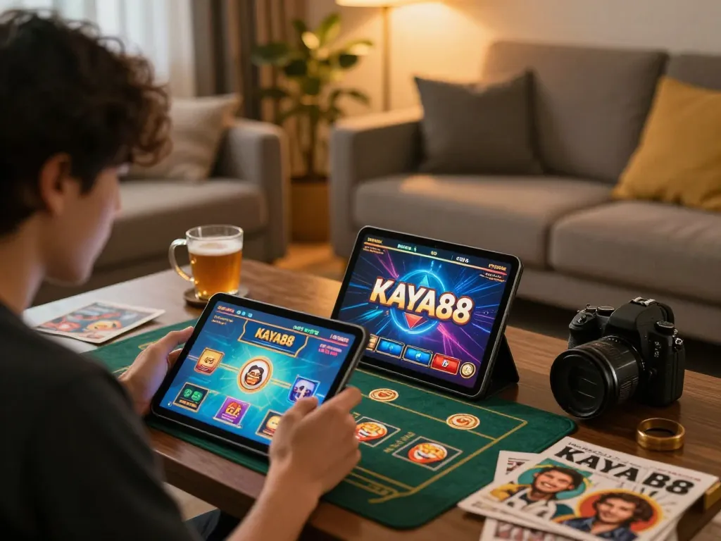 KAYA88 player enjoying a vibrant online gaming session on a tablet in a cozy living room.