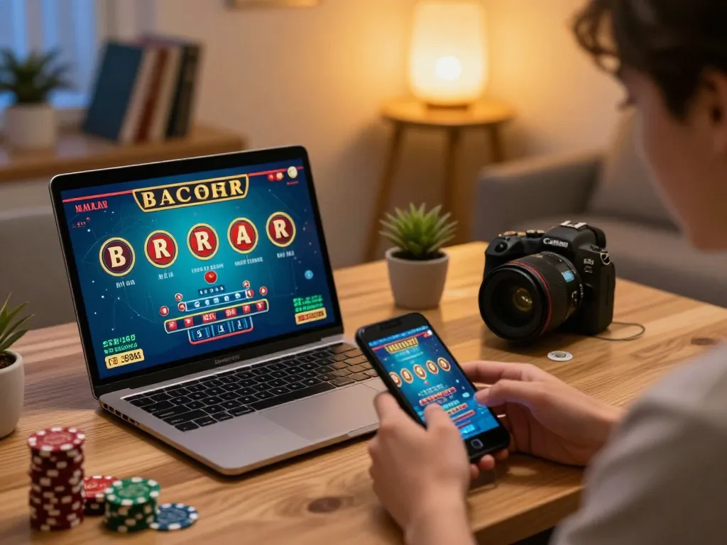 Engaging in online baccarat betting at home with Vin88 uy tín, analyzing odds while enjoying the game.