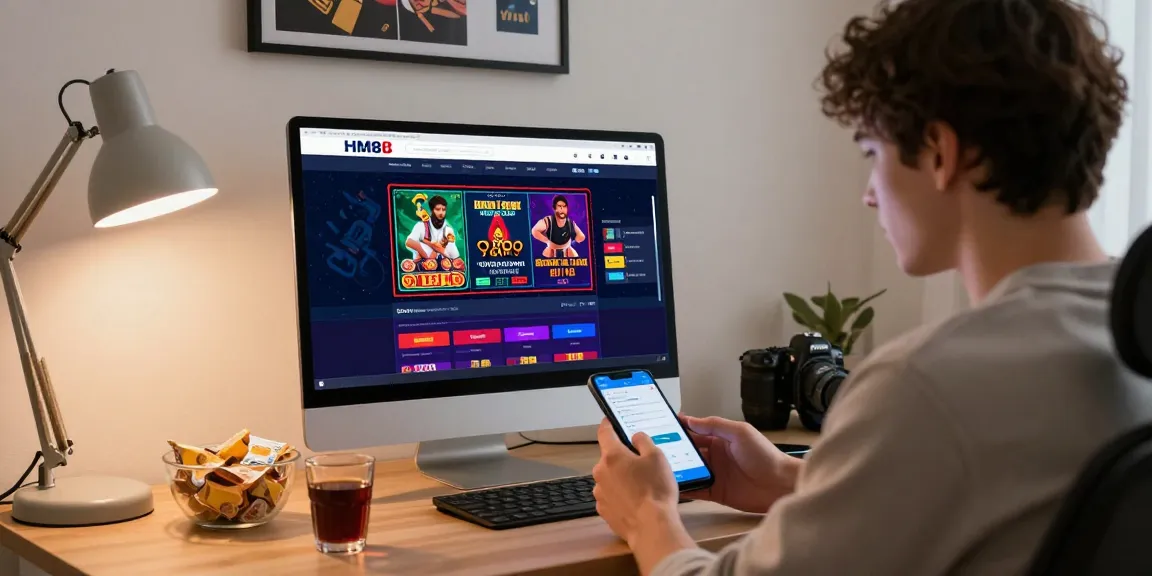 Experience the excitement of online betting with https://hm88.review/ in a modern home office, featuring a user engaged in placing bets.