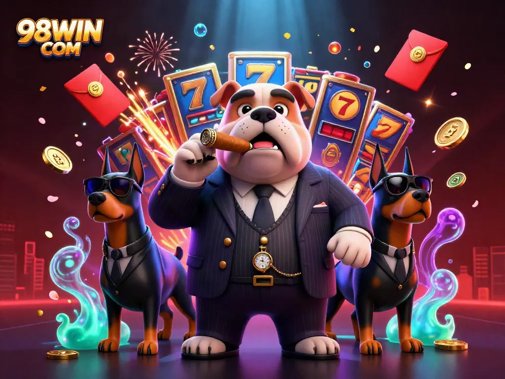 Engage with thrilling gaming action at 98WIN COM, where a 3D animated mafia bulldog leads the fun.