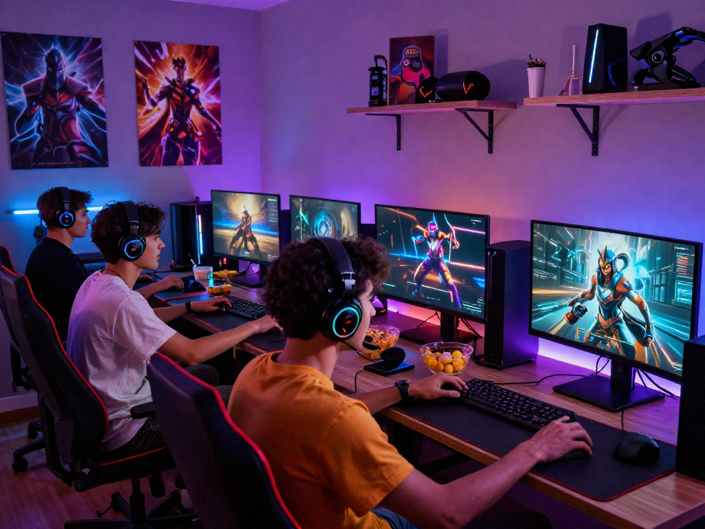 Friends engaged in competitive gaming with KOMBET168 setup in a vibrant gaming room filled with RGB lights and accessories.