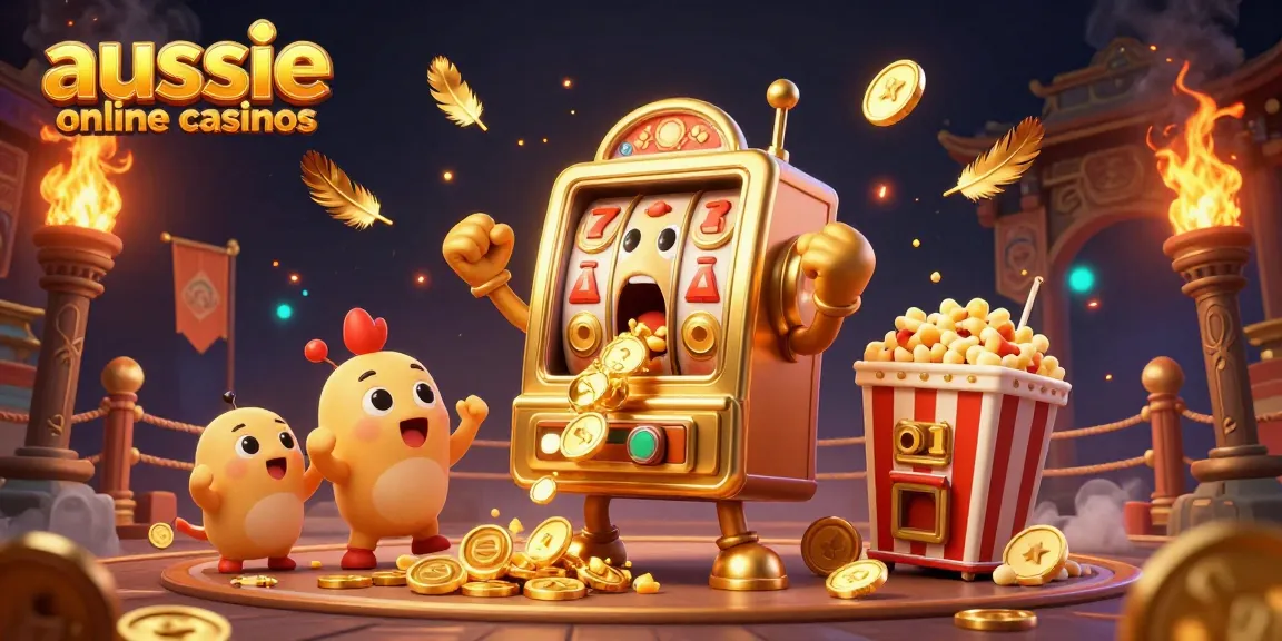 Aussie online casinos explosion of fun with a winning slot machine, cheerful baby slots, and popcorn machine celebrating a jackpot.
