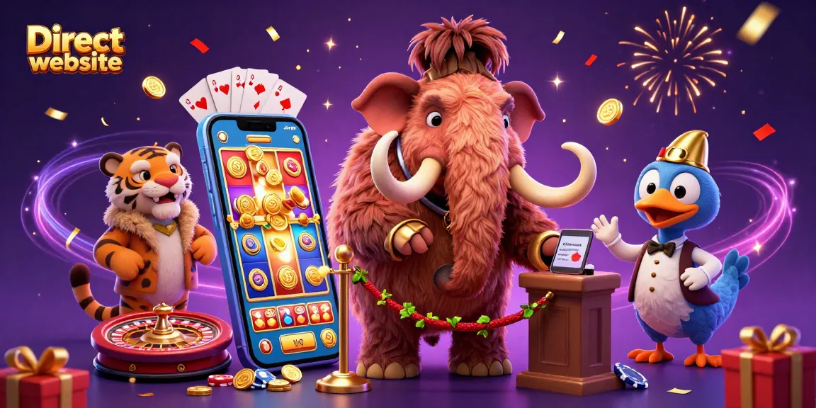 Experience the thrill with a Direct website featuring whimsical casino characters amid vibrant slot games and sparkling confetti.