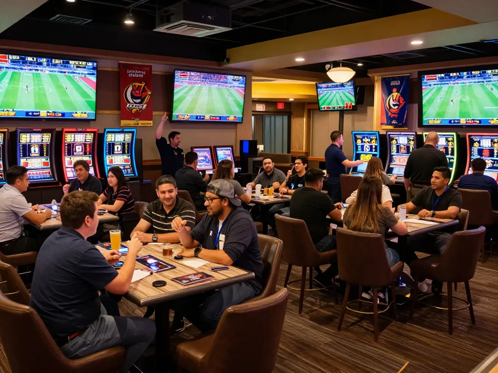 DABET sports betting lounge with fans engaging and digital screens displaying live events.