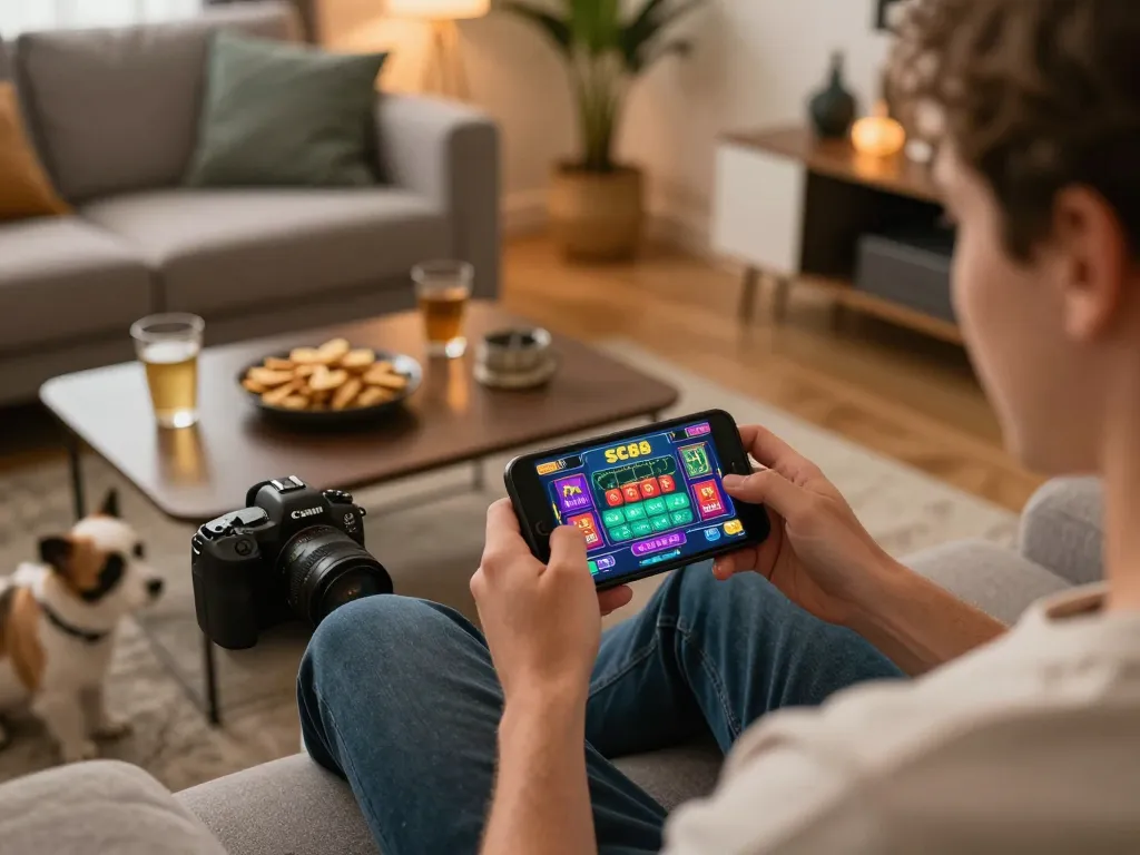 Playing casino games on SC88 app on smartphone while relaxing at home with snacks.