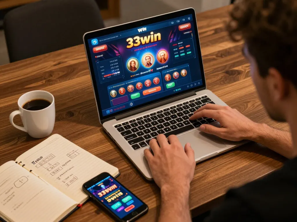 Player enhancing their 33win gaming strategy with a notebook and coffee during an online session.