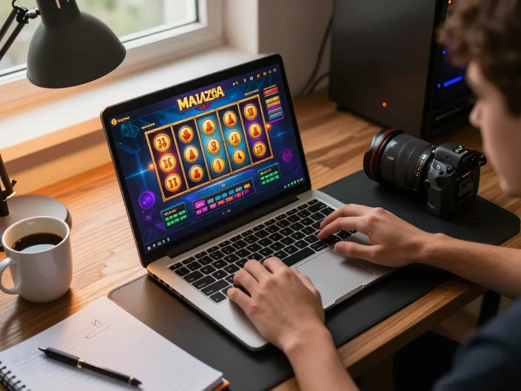 Engaging gameplay in Slot Malaysia on a laptop with colorful graphics and strategy notes on the table.