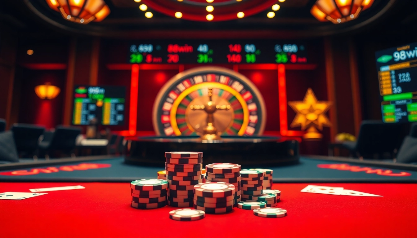 98win offers an exciting gambling experience with vibrant gaming tables and elegant casino elements.