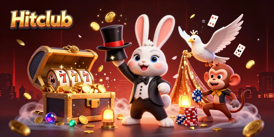 Hitclub features a magical scene with a rabbit producing coins, dove with flair, and a monkey stealing chips.