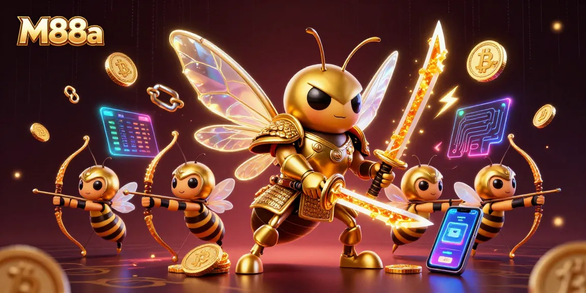 Wager on M88a with a dynamic scene featuring a golden hornet and cryptocurrency elements.