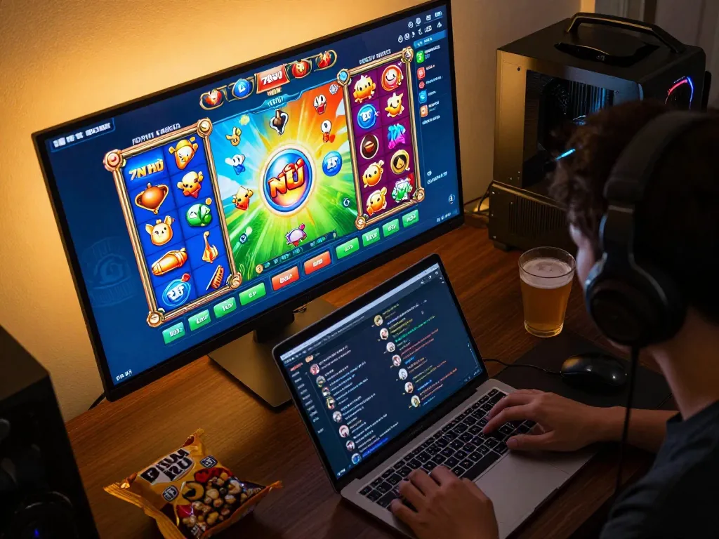 Engaging scene showcasing 789win nổ hũ slot games on a laptop with vibrant animations and betting options