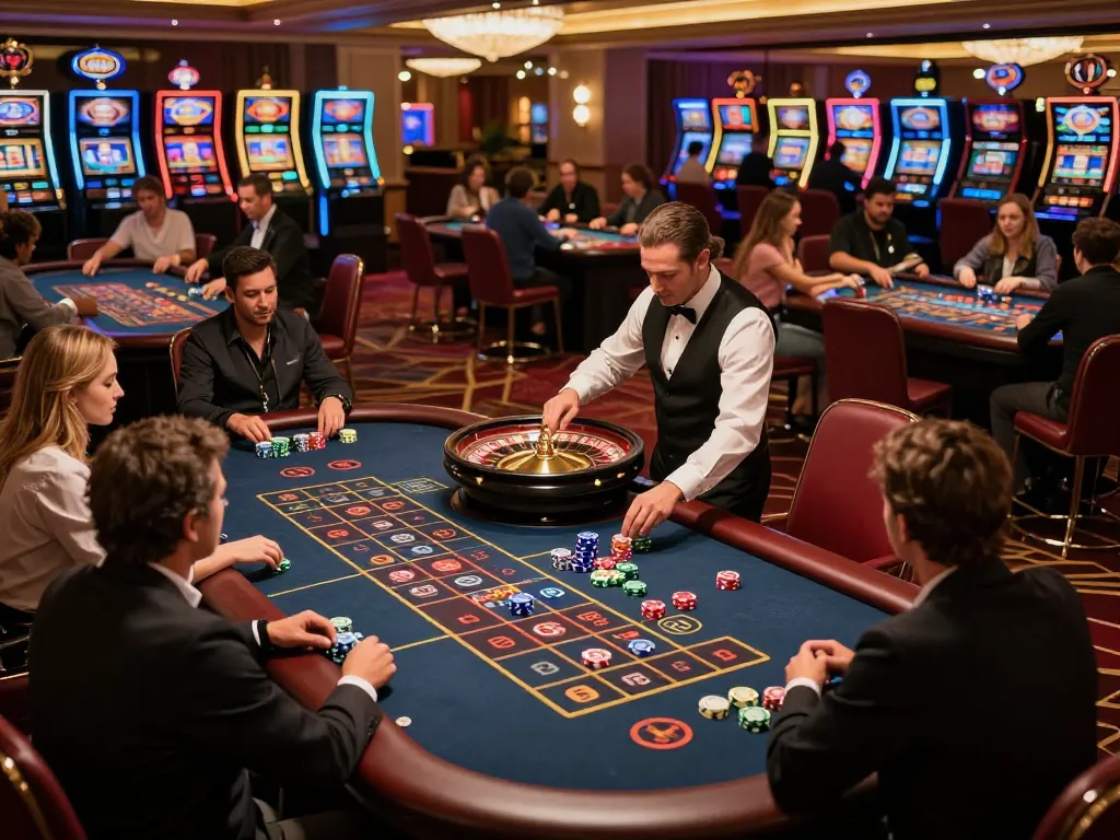 Players enjoy intense gameplay at 58wiin roulette table in an upscale casino setting.