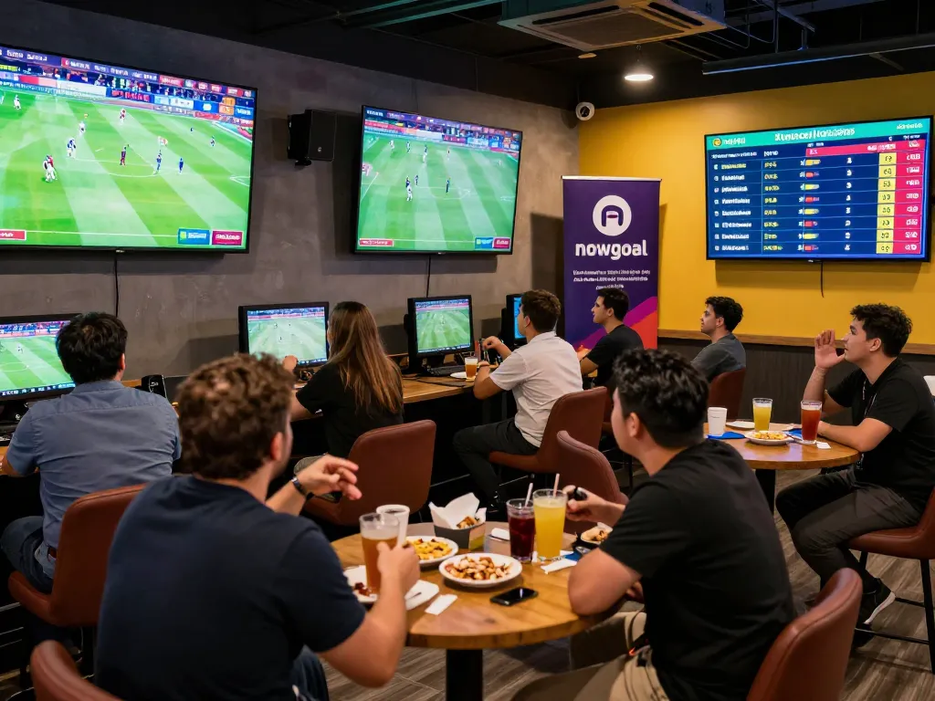 Excited players engaging in betting at Nowgoal sports lounge, live scores prominently displayed.