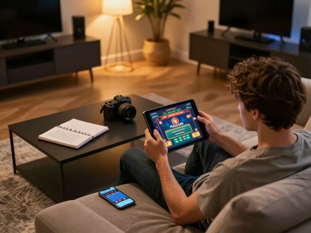 Experience online gaming with XX88 on a tablet in a stylish home setup, highlighting responsible gambling.