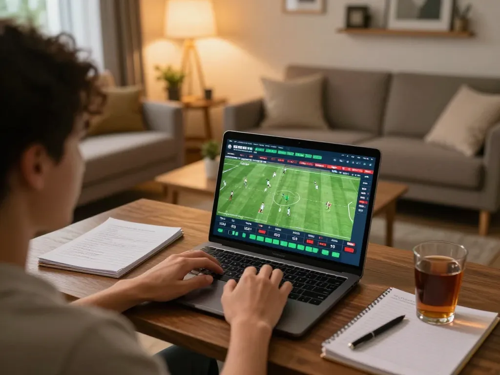 Analyzing nhận định bóng đá odds and strategies at a home sports betting setup with warm lighting.
