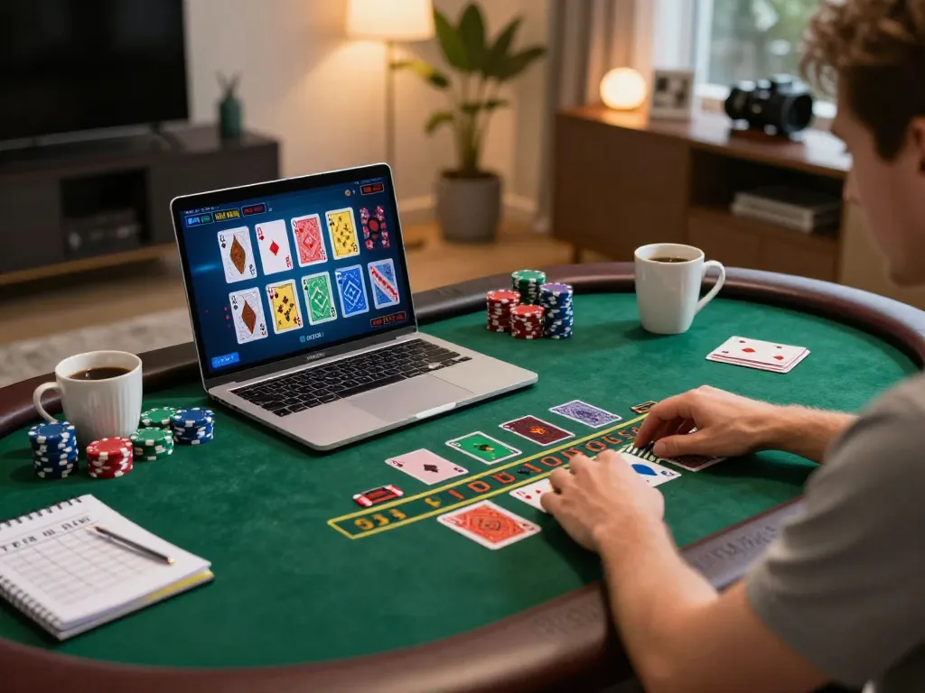 Engaged player in HITCLUB blackjack game at home, showcasing laptop screen and strategic betting notes