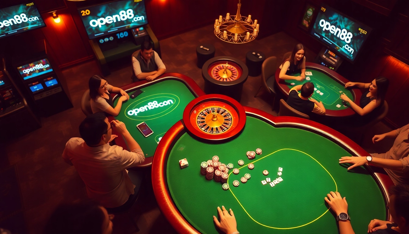 Experience the thrill of open88 con at an exciting casino table with vibrant games and eager players.