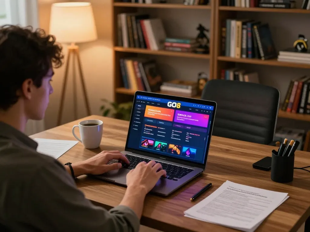 Player engaging with GO8 online casino platform on laptop with strategy notes nearby.