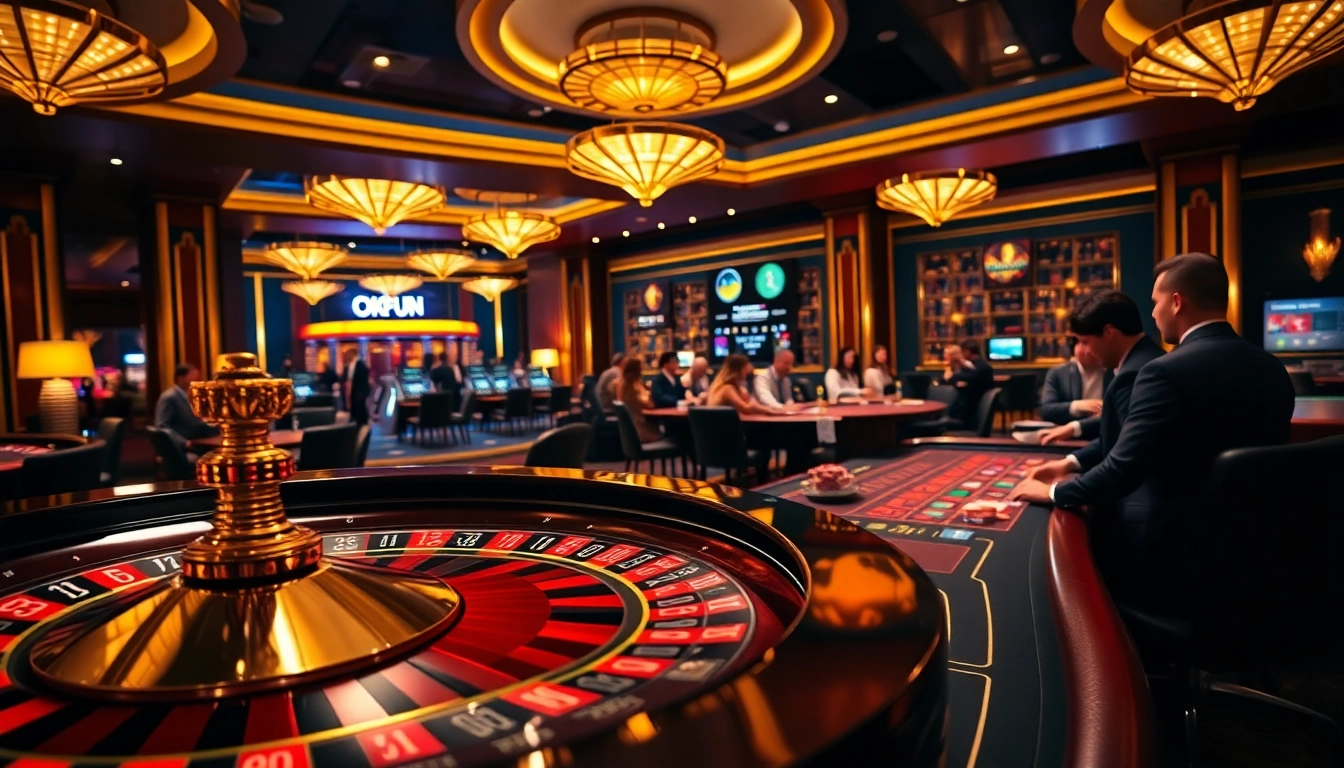 Players enjoying a thrilling game of poker at OKFUN Casino, surrounded by colorful chips and luxurious decor.
