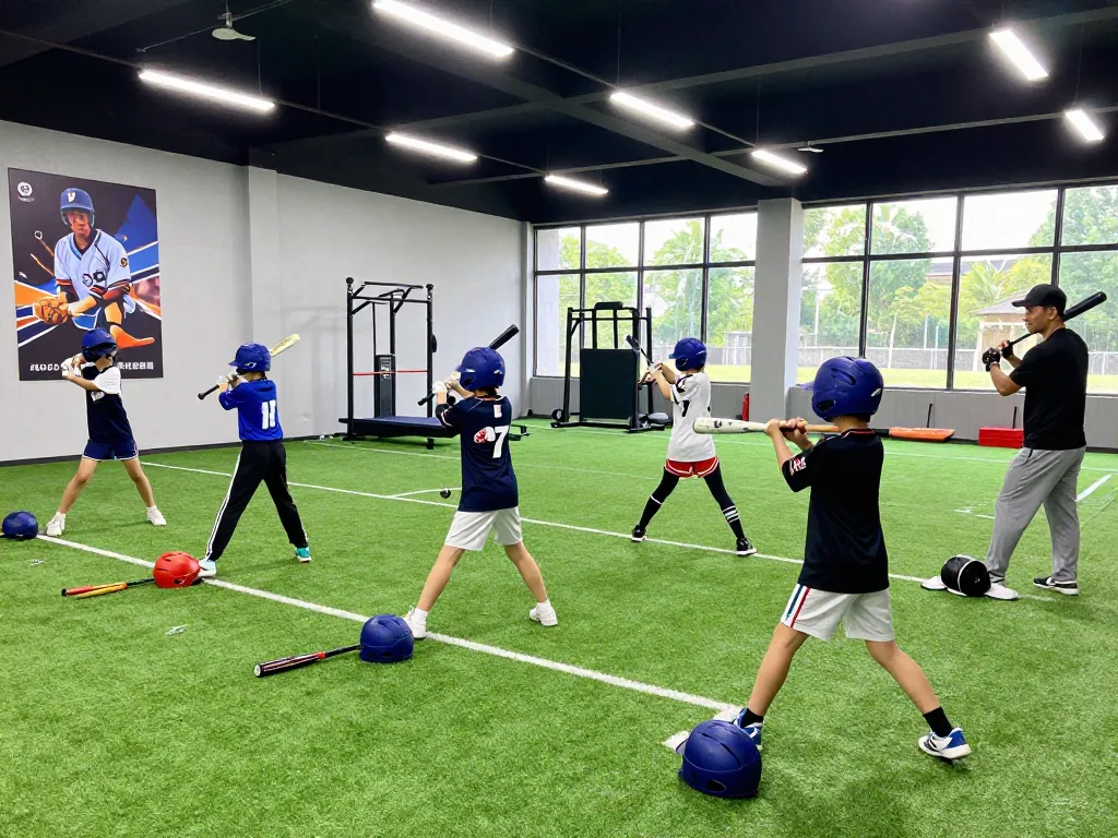 Young athletes engaged in training at Hitclub baseball facility, showcasing teamwork and determination.