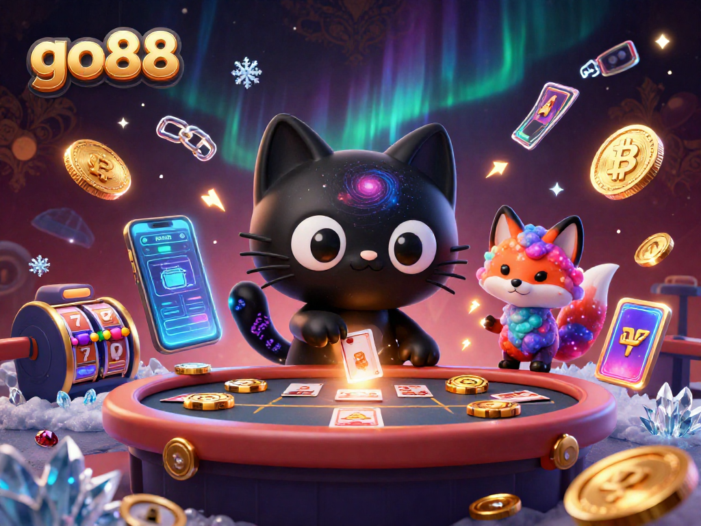 Engage with go88's cosmic casino, featuring a black hole cat and energetic fox amid vibrant slot reels.