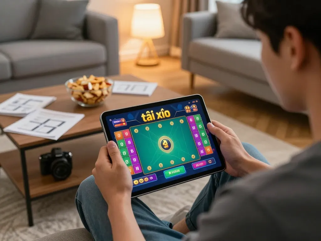 Engaging in tài xỉu online gaming on a tablet in a cozy living room with strategic notes and relaxed atmosphere.