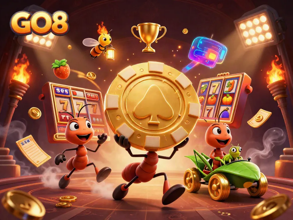 Experience the GO8 world with cartoon ants in a heist, showcasing exciting slot symbols and golden trophies.
