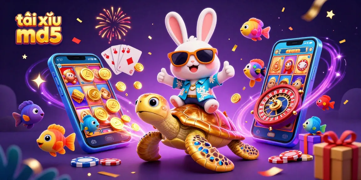 Watch the adorable lucky rabbit and golden turtle joyfully showcase tài xỉu md5, surrounded by a vibrant casino scene.