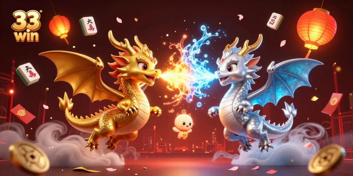Join the thrilling world of 33 win with intertwined dragons and vibrant casino elements for an engaging experience.