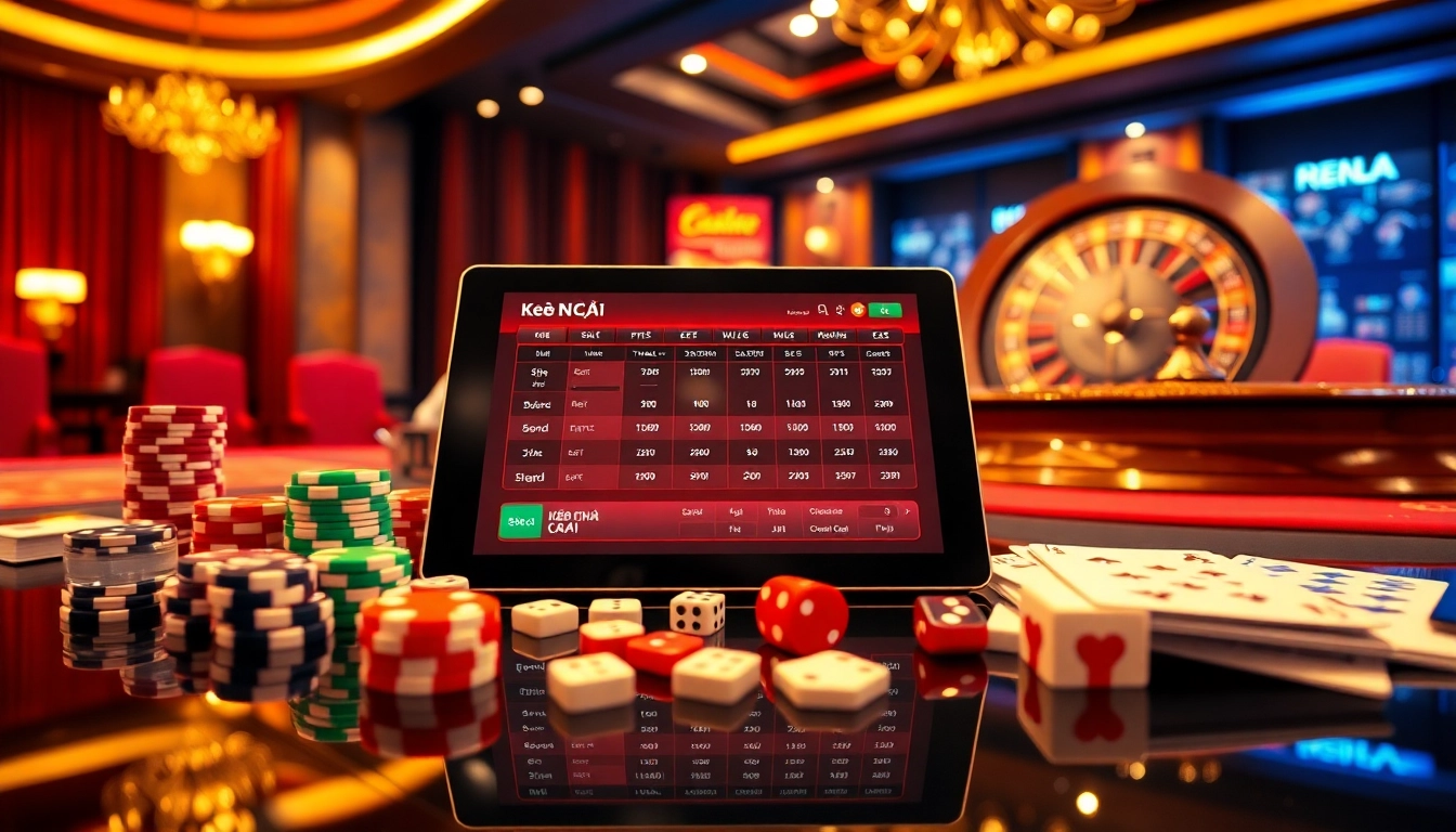 Betting on kèo nhà cái with exciting casino elements like roulette and poker chips.