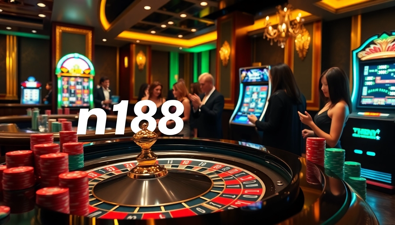 Casino gaming scene highlighting n188 at an upscale roulette table with poker chips and a lively atmosphere.
