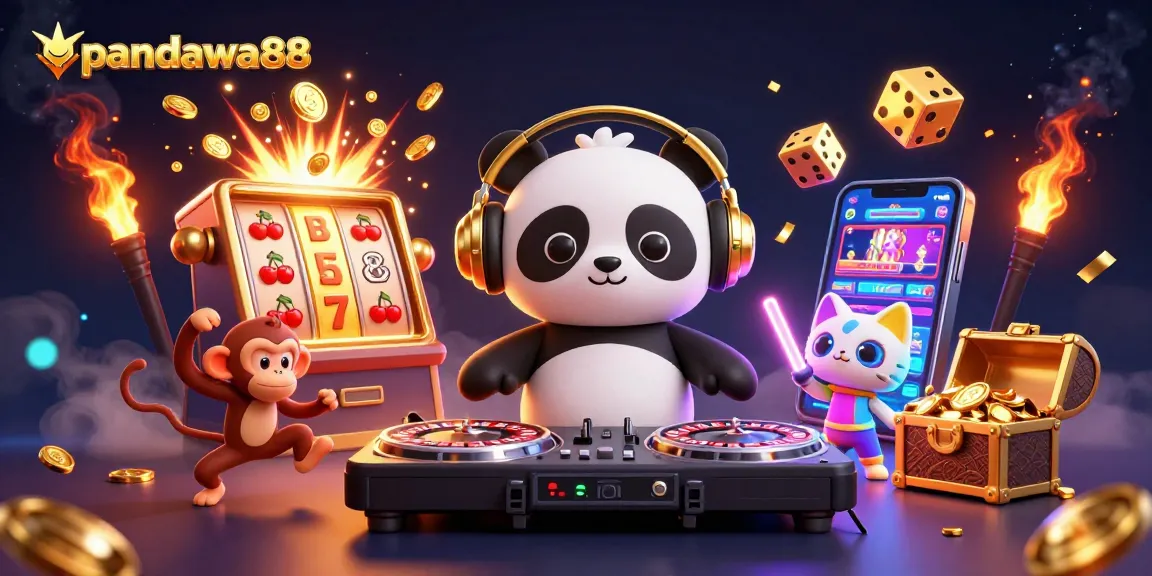 Pandawa88 brings excitement with a DJ panda, breakdancing monkey, and glowing kitten in a vibrant casino scene.