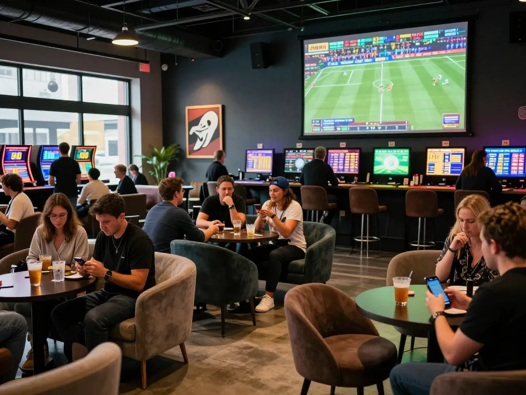 Fans engaging with live sports betting experience at keonhacaii88, showcasing excitement and modern amenities
