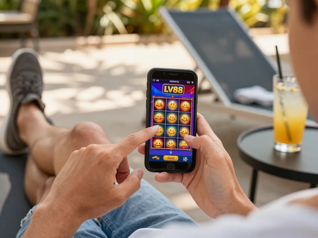 Engaging in mobile gaming with LV88 app outdoors, showcasing casual gambling vibe.