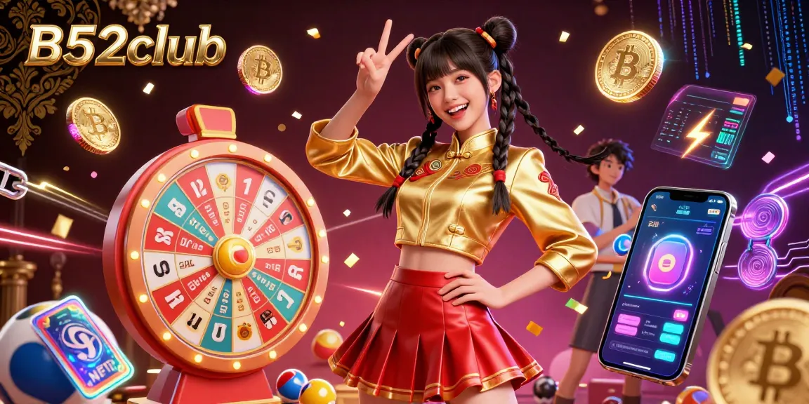 B52club offers an immersive gaming experience featuring vibrant 3D graphics of a joyful character interacting with lottery elements.