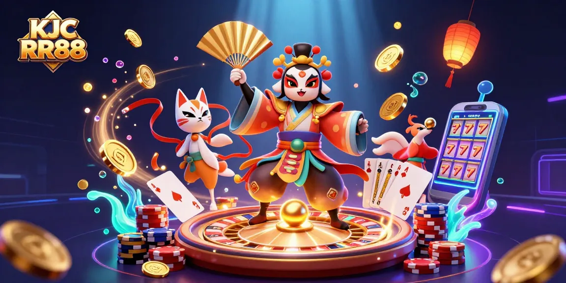 Experience adventures with KJC RR88 in this vibrant 3D casino scene featuring dynamic game elements.