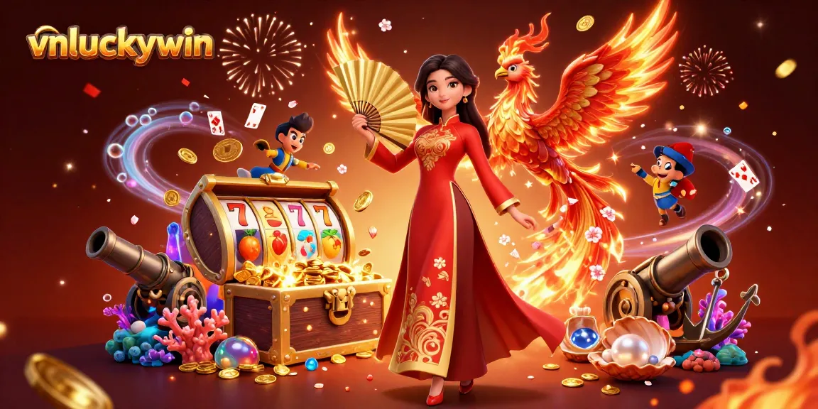 Win big at vnluckywin with a vibrant scene of a lady in ao dai, phoenix, and casino elements.