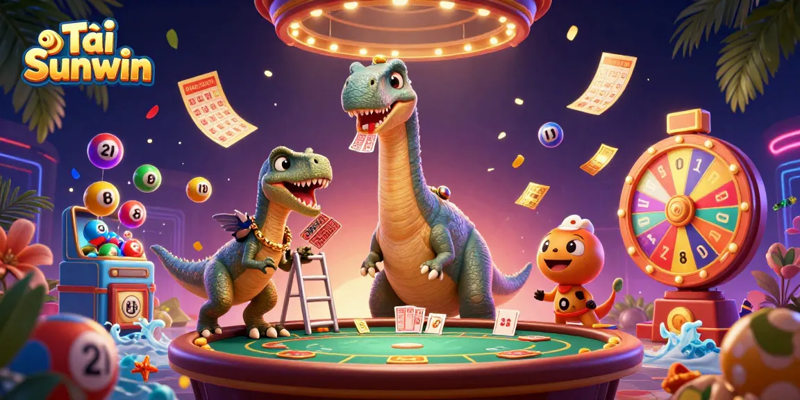 Tải Sunwin offers exciting gaming experiences illustrated with a dynamic scene featuring fun characters and vibrant casino elements.