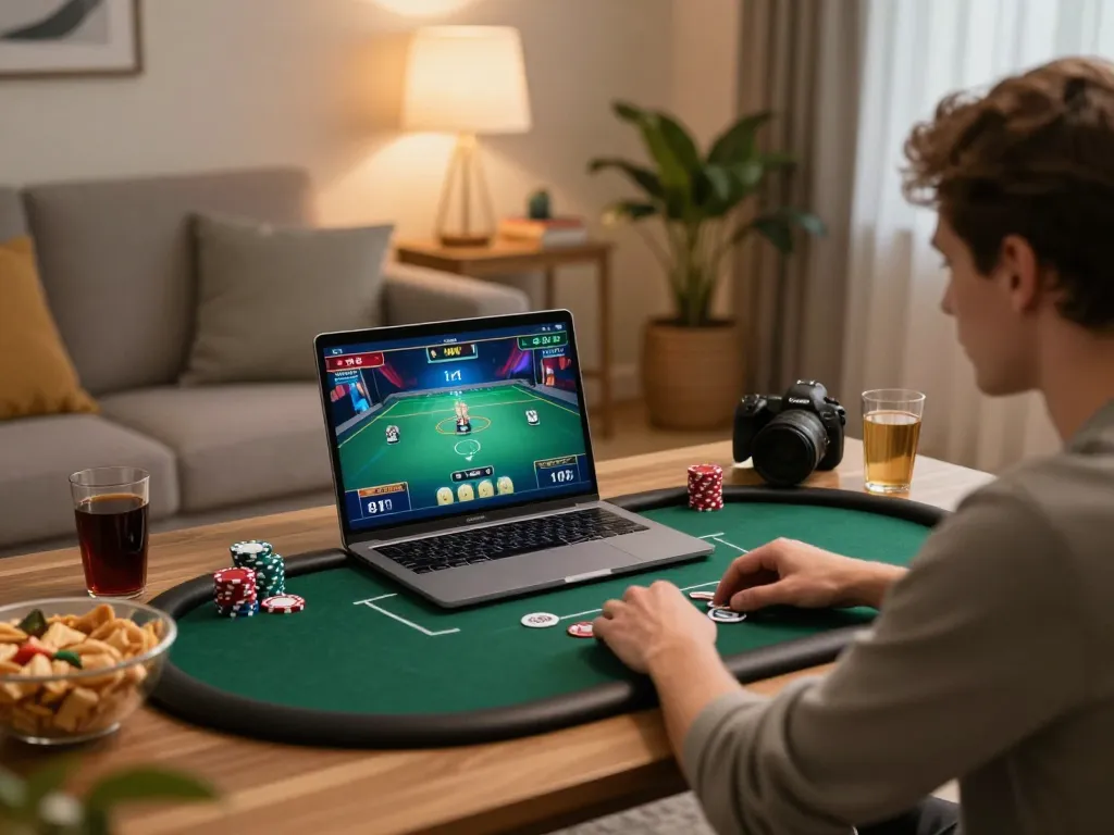 Player engaging in online poker at home, highlighting a cozy gaming atmosphere with nhacaiuytinn.