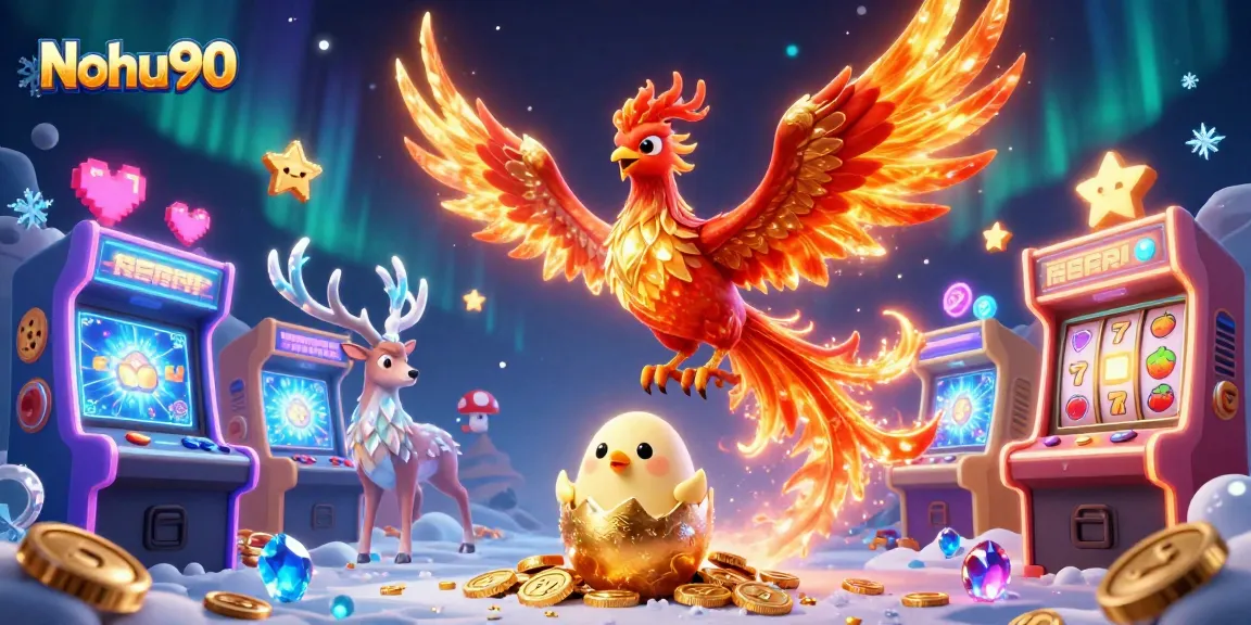 Nohu90 offers thrilling slot experiences with vibrant phoenix and gaming machines in a dazzling casino scene.