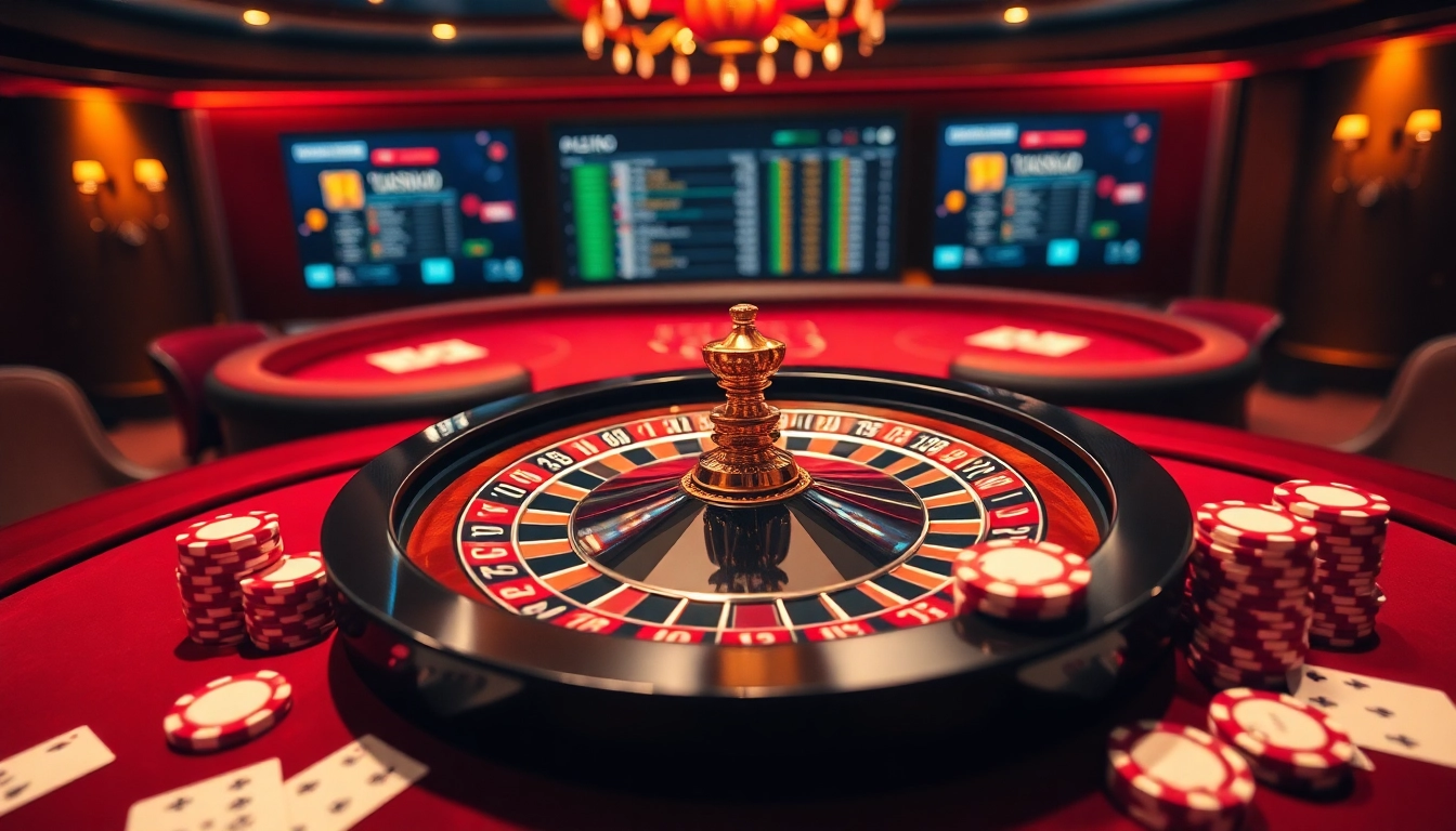 Experience thrilling gaming action at https://kjc.football/ with poker chips and roulette in a luxurious casino setting.
