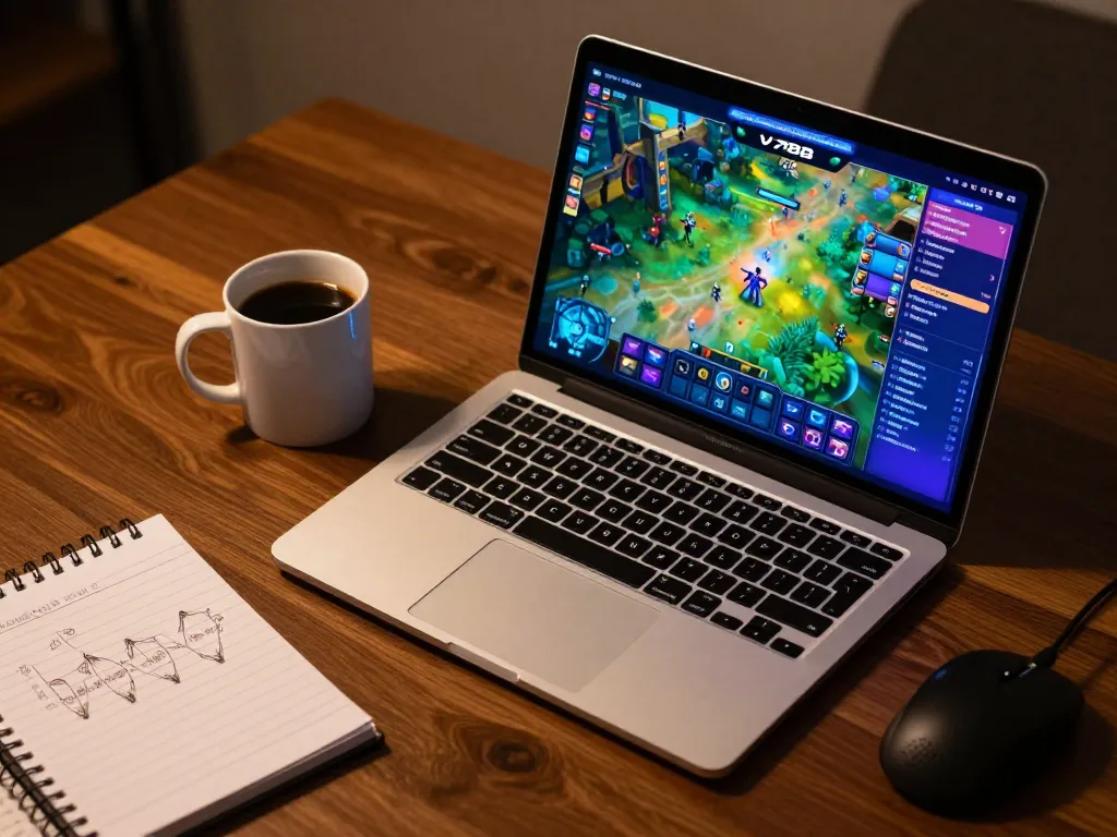 Engaging user playing v788 game on a laptop in a cozy home environment with strategic notes.