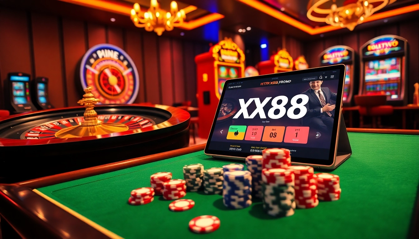 Betting on top games at https://xx88.promo/ with vibrant slot machines and poker chips.